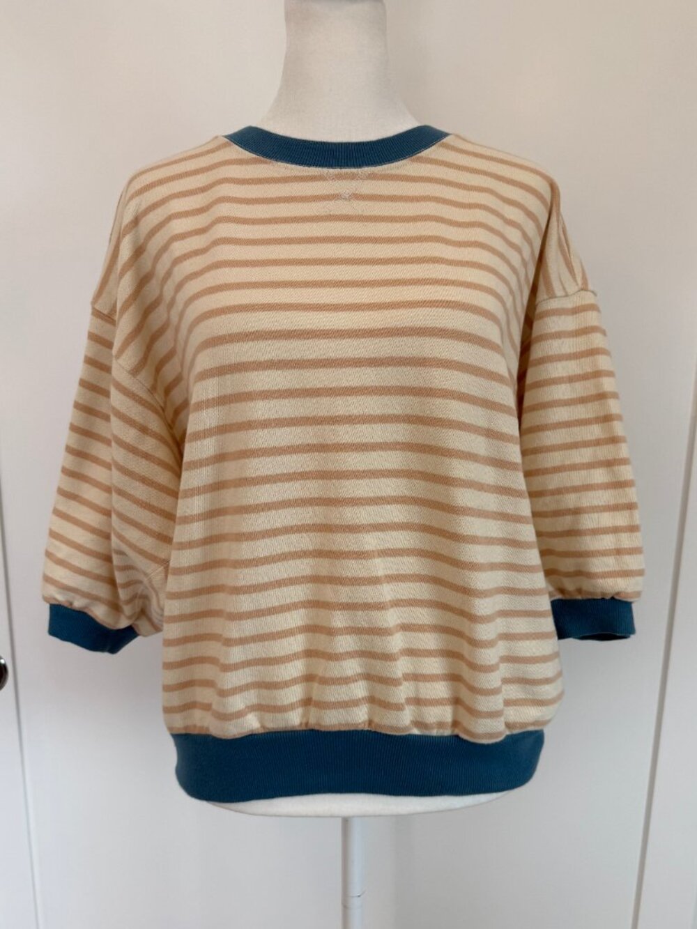 Niki Striped Bubble Sleeve Sweatshirt Top Beige Cream Blue Coastal Chic- Size S